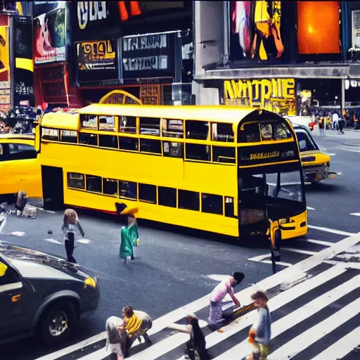 Image similar to yellow school bus eaten swallowed by giant snake, anaconda, huge snake, big snake, time square, cinematic, dramatic, film still