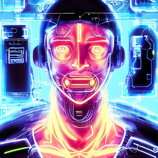 Prompt: Male cyborg, battle-damaged, wearing facemask, youthful face, blue eyes, backlit by neon, headshot, sci-fi, wires, cables, lenses, gadgets, Digital art, detailed, anime, artist Katsuhiro Otomo