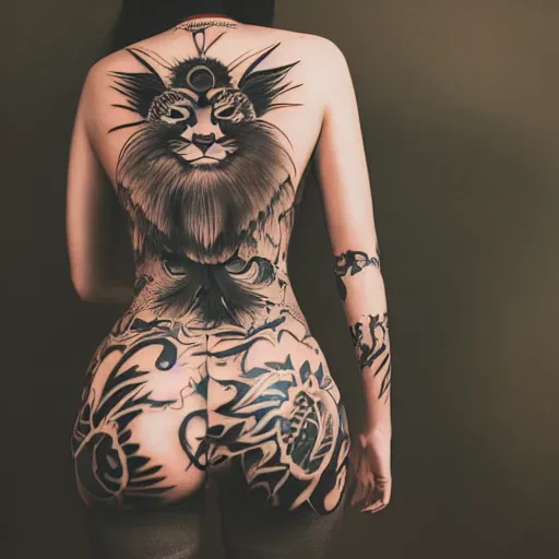 Image similar to photography of the back of a woman with a black detailed irezumi tatto representing a cute caracal on her entire back, dark hangar background, mid-shot, editorial photography