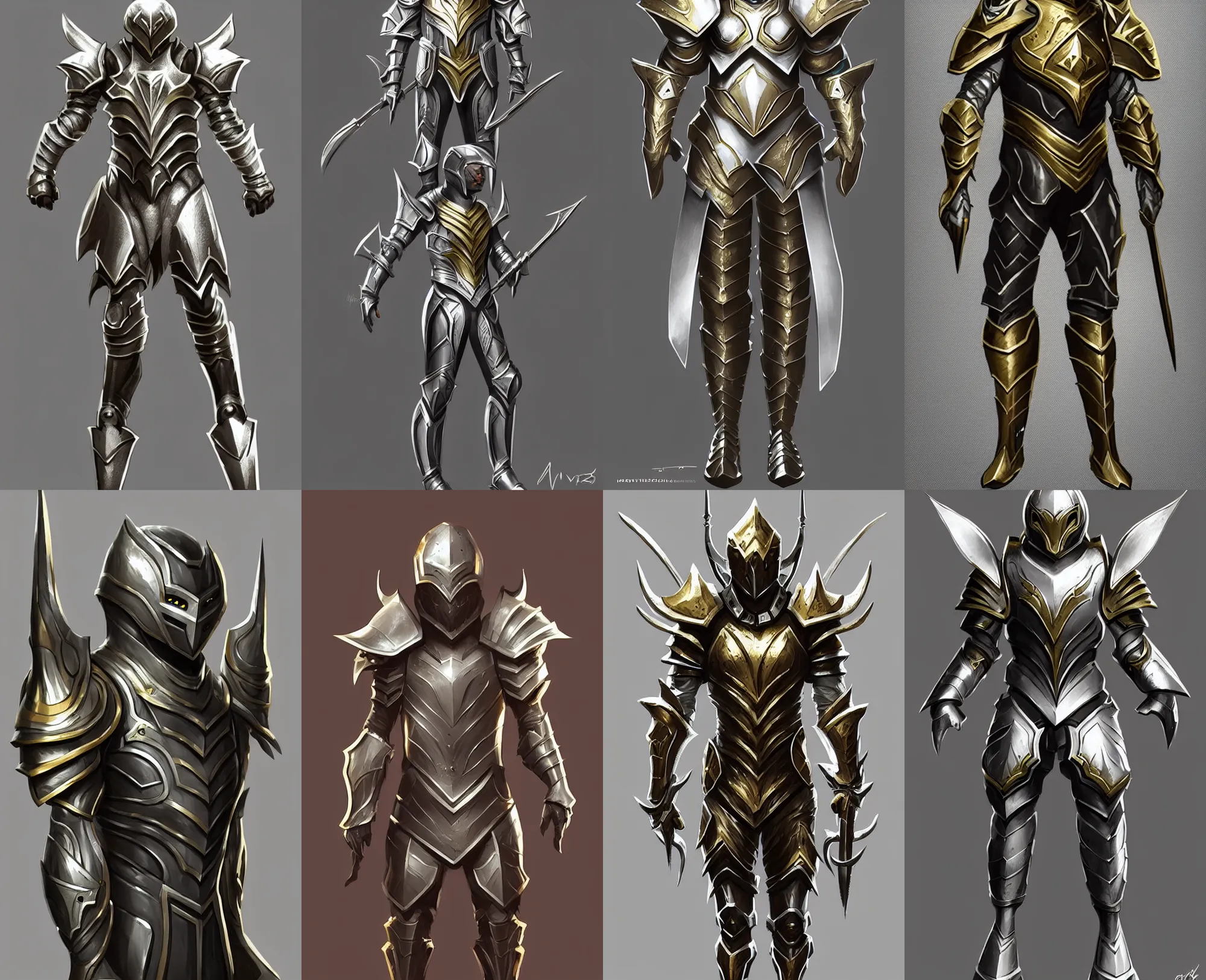 Prompt: concept art, fantasy armor, silver with gold trim, artstation trending, cinematic, clean, flat shading, impressive