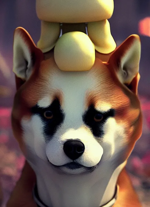 Image similar to shiba inu with mushrooms growing out of it's face. Very detailed 8k. Fantasy cyberpunk horror. Sharp. Cinematic post-processing