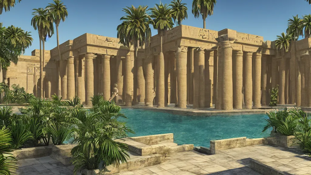 Prompt: a photograph of a new egyptian palace with a small pool in front and gold egyptian statues on each side of the door, exterior view, close - up, mid - day, palm trees and lush vegetation, hieroglyphs on the buildings, ray - traced reflections of the buildings and trees in the water