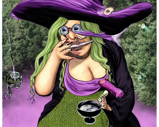 Prompt: fat witch smokin bong. the witch is smoking a bong. the witch smells really bad. the stinky witch needs a shower.