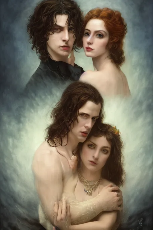 Image similar to a portrait of handsome young male rock star Satan and his elegant beautiful witch wife, bored, illustration, dramatic lighting, soft details, painting oil on canvas, art nouveau, octane render, HDR, 4k, 8k, HD, by Edmund Blair Leighton, Brom, Charlie Bowater, trending on artstation, faces by Tom Bagshaw, Sargent