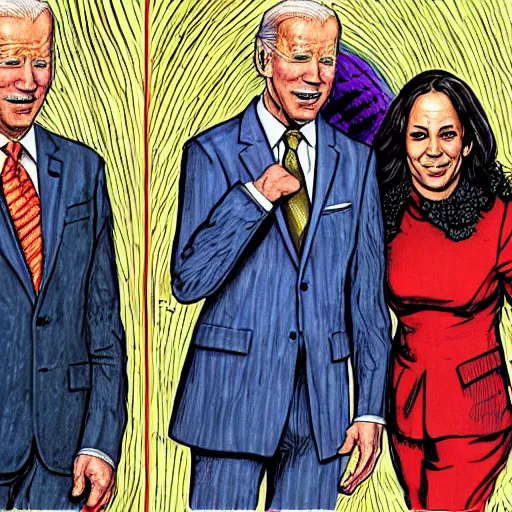 Image similar to The Artwork of R. Crumb and his Cheap Suit - Joe Biden and Kamala Harris, pencil and colored marker artwork, trailer-trash lifestyle