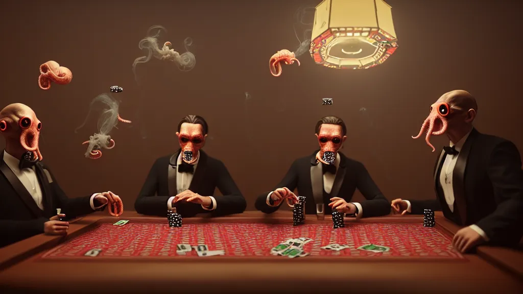 Image similar to hyperrealism simulation highly detailed human octopuses'wearing detailed tuxedos and smoking, playing poker in surreal scene from cyberpunk movie from future by wes anderson and denis villeneuve and mike winkelmann rendered in blender and octane render