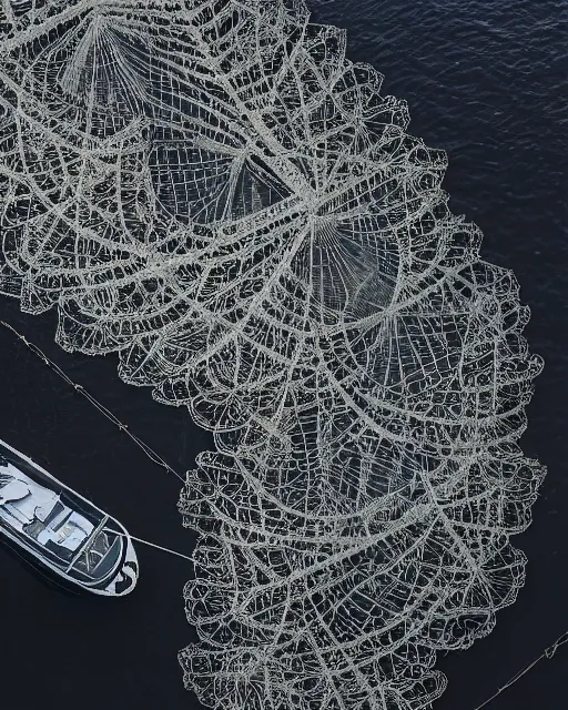 Image similar to the wake of a boat, made of intricate decorative lace leaf skeleton, shot from a drone, in the style of the dutch masters and gregory crewdson, dark and moody