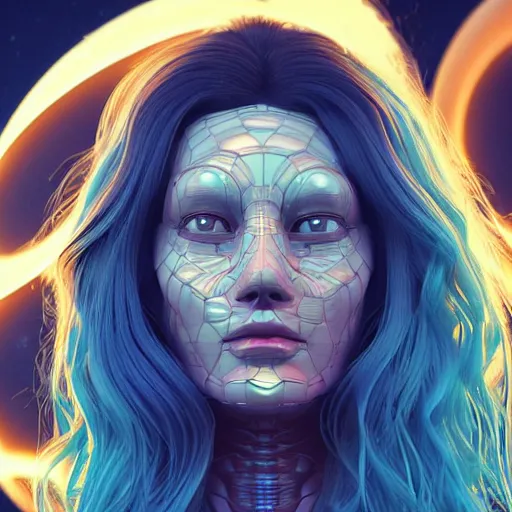 Prompt: close up of a woman, with flowing, swirling long hair, sci - fi clothes. fine facial features. a 3 d render of a giant glowing moon. image by beeple, james jean, aeon flux, moebius, barclay shaw, aya takano color style, 8 k, super detailed, modern, 4 k, symmetrical