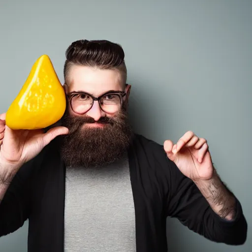 Prompt: man with beard holding a patty pan, photo