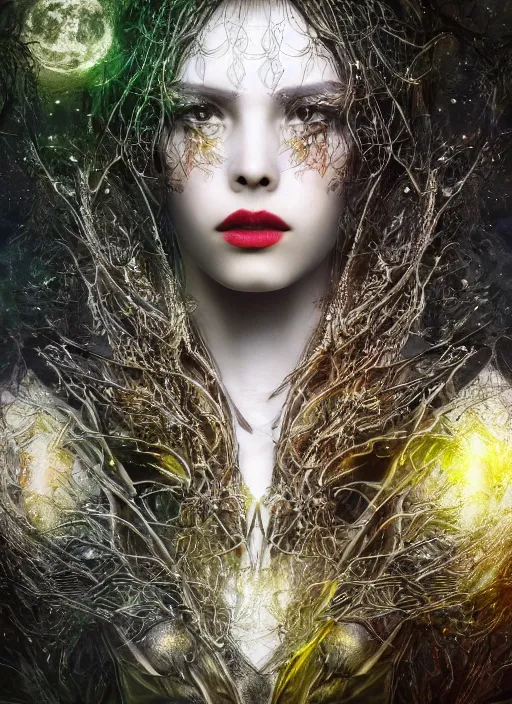 Prompt: glowing silver and golden elements, full close-up portrait, young female model from deviantart as a dark witch, book cover, green forest, white moon, red lips, establishing shot, extremly high detail, photo-realistic, cinematic lighting, pen and ink, intricate line drawings, by Yoshitaka Amano, Ruan Jia, Kentaro Miura, Artgerm, post processed, concept art, artstation, matte painting, style by eddie, raphael lacoste, alex ross