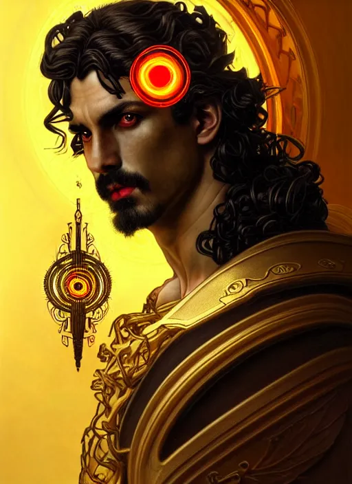 Image similar to portrait of greek god ares, black curly hair, glowing eyes, volumetric lights, yellow red scheme, art nouveau botanicals, gothic, intricate, highly detailed, digital painting, artstation, concept art, smooth, sharp focus, symmetric face, illustration, steampunk, art by artgerm and greg rutkowski and alphonse mucha