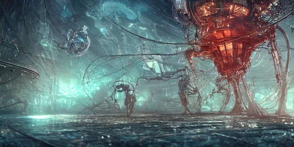 Image similar to photoreal hyper detailed epic story dramatic scene mechanical futuristic ant robotic cyberpunk mainframe mind-blowing epic microcircuitry cybernetic fantastical beings dancing reflective logic circuits robot metallic outerworldly creatures, floating phytoplankton-diatom robot jellyfish, against a multidimensional multiverse background, bizarre hard electronic transparent hive mind, 8k octane render, unreal engine 5, extremely intricate high detail, 8K detail post processing, path based unbiased rendering, moody lighting rendered by octane engine