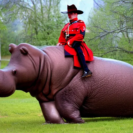 Image similar to photograph of a canadian mountie riding a giant hippo