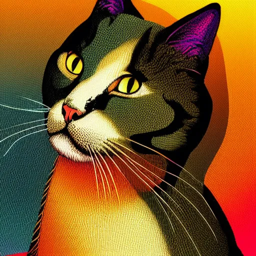 Prompt: beautiful pattern of a cat on a warm sunset, a simple textured vector based illustration, critical detail, vivid colors, atmospheric dreamscape painting, wlop