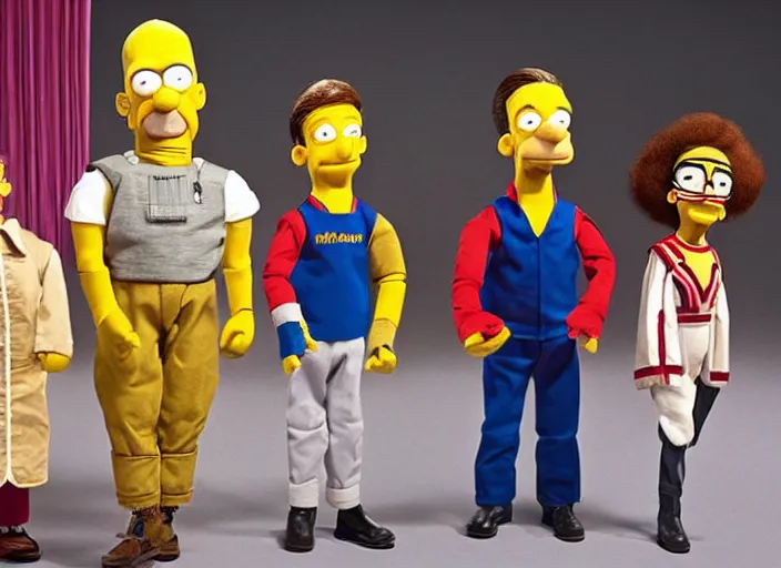 Prompt: still from a live - action tv show in the style of thunderbirds with marionette puppets, starring the characters of the simpsons in springfield. wooden puppets wearing clothing made of fabric. photographic ; realistic ; highly - detailed.