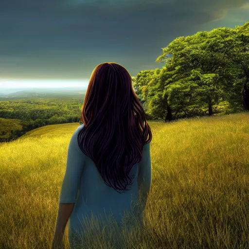 Image similar to silhouette of woman with flowing hair overlooking an expansive green hillside while leaves and a blue-yellow sky beam, extremely moody lighting, glowing light and shadow, atmospheric, fine art, trending, featured, 8k, photorealistic, complex,symmetrical , 3-point perspective, hyper detailed, unreal engine 5, IMAX quality, cinematic, high resolution, 3D, PBR, path tracing, volumetric lighting, octane render, arnold render