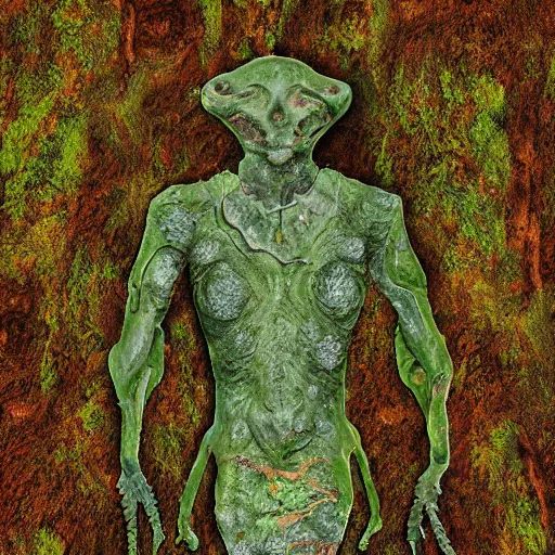 Prompt: fossilized humanoid creature covered with moss and rust, digital art