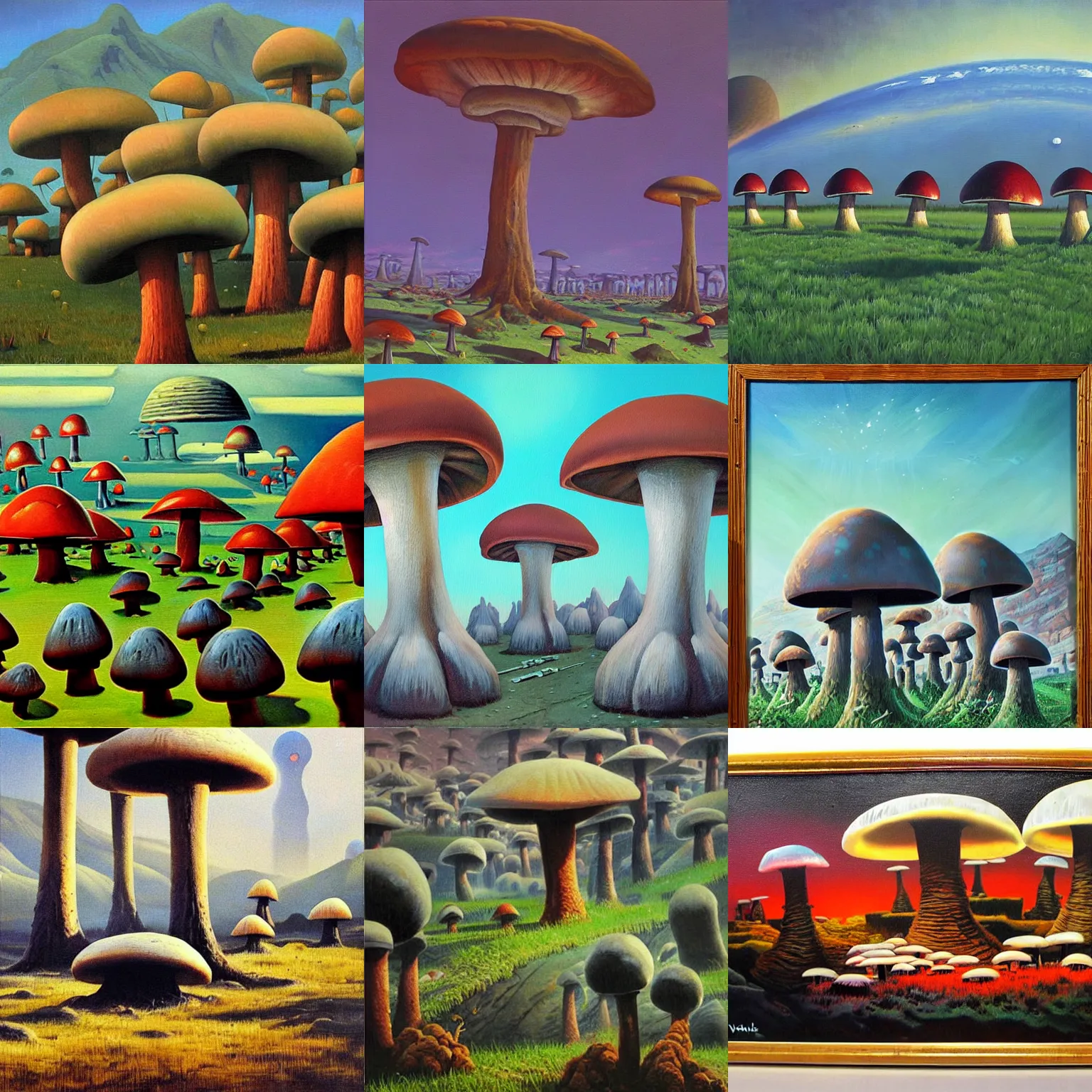 Prompt: a mushroom village on an alien planet, oil painting, by vincent di fate