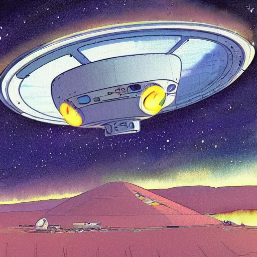 Prompt: [ illustration of a spaceport ] [ gauche watercolour soft beautiful colours ] [ moebius, science fiction art ]