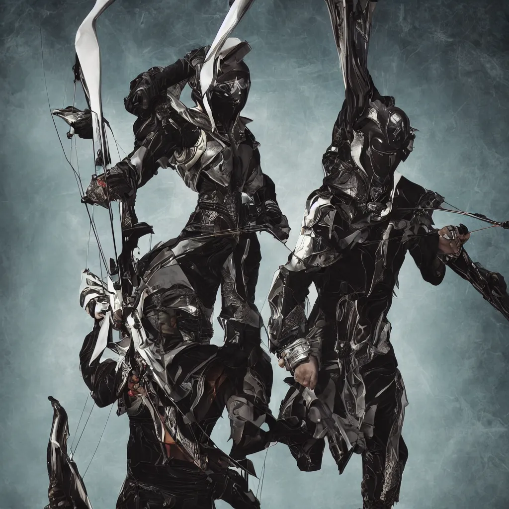 Image similar to portrait photograph of Destiny warlock holding a futuristic bow and arrow.