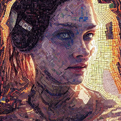 Image similar to mosaic portrait of a beautiful young girl with robot ears falling into the universe by greg rutkowski, 4k, intricate details, dichotomy