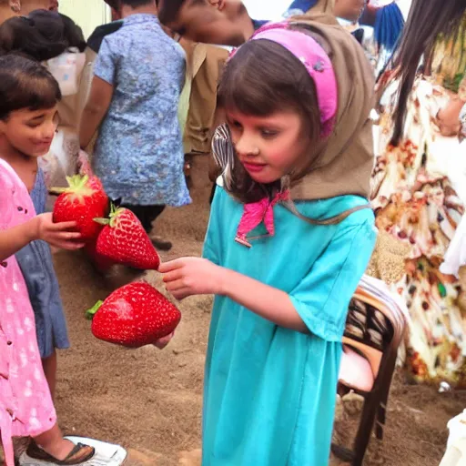 Prompt: shai khulud in dress eats strawberries with other kids