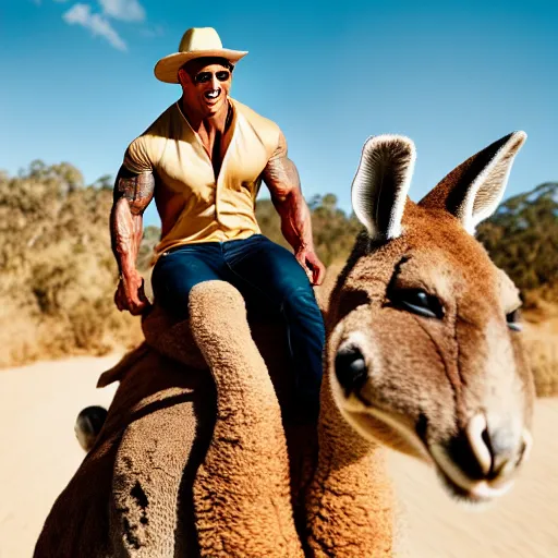 Image similar to dwayne johnson riding on the back of a kangaroo, he is wearing a safari outfit and a pith hat, studio photography, 8 k