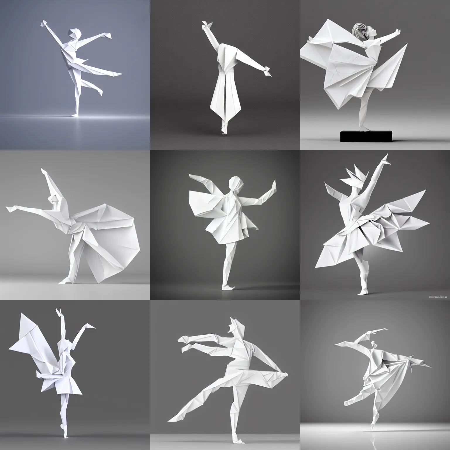 Image similar to origami dancer in white paper, 3 d render, ultra - detailed, on white background, studio shot