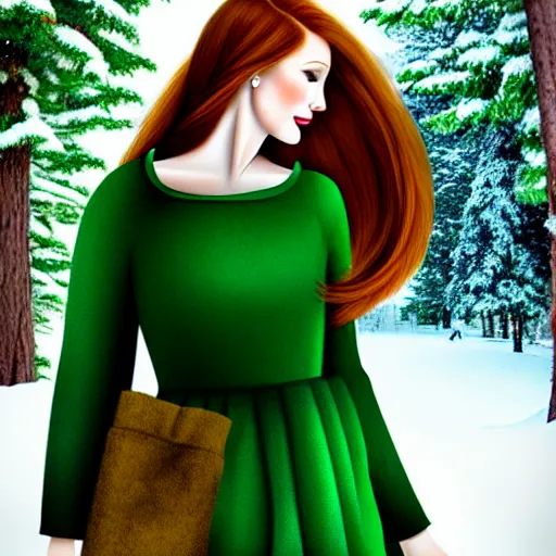 Image similar to redhead women in a green dress, with pockets, photorealistic, winter scenario