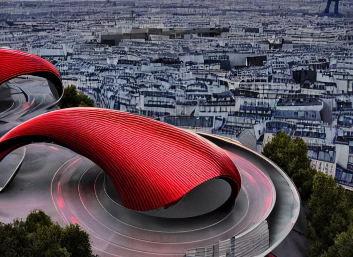 Image similar to futuristic france, scifi, machines, artificial intelligence, ribbon chapel, ultra realistic, cinematic paris, highly detailed, futuristic landscape, beautiful city, futurism, drone point of view, atmosphere, sunny day, masterpiece, red highlights, year 2 0 4 0, cinematic, art by jan urschel and neil blevins