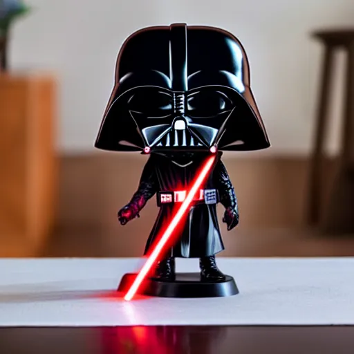 Image similar to a darth vader funko pop wielding a red lightsaber on a table inside a suburban house