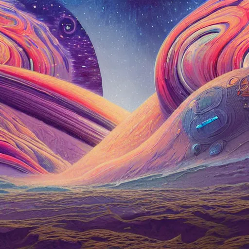 Prompt: space landscape, illustration painting, oil on canvas, intricate, detailed illustration, hd, digital art, overdetailed art, concept art, complementing colors, detailed, illustration painting by alex gray, digital art, overdetailed art, concept art, matte painting, concept art, complementing colors rendered by beeple, syd meade