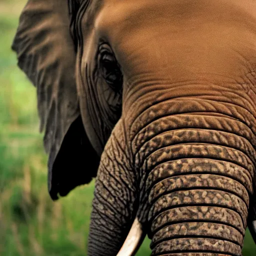 Image similar to a detailed, close - up photograph of an elephant with tiger skin