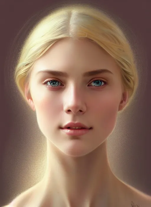 Image similar to beautiful feminine face! portrait of young woman blessed by god with ever - increasing physical and mental perfection, blonde hair, symmetrical!! intricate, elegant, highly detailed, vision of holy perfection!! smile, digital painting, artstation, concept art, smooth, sharp focus, illustration, art by artgerm and greg rutkowski and alphonse mucha