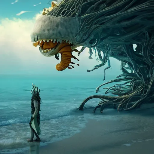 Image similar to stunning cinematic wide shot of a white sand beach with a forest of fulgurites surrounding a beautiful slick sea monster wearing clothes of kelp, fulgurites towering over the creature. well designed perfect with slick led eyes, sharp claws, cgsociety, hd octane render, fantasy, furry art, artstation, deviantart, furaffinity
