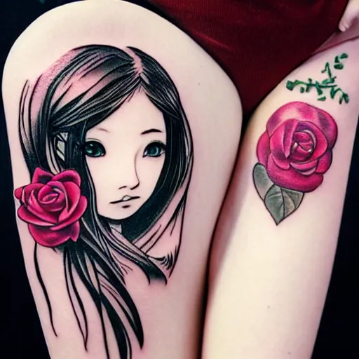 Image similar to tattoo design, stencil, beautiful japanese girls face, roses and ivy surrounding by artgerm, artgerm, cat girl, anime