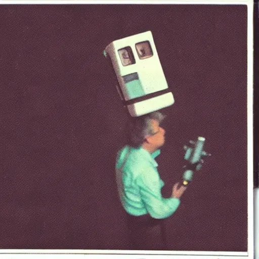 Image similar to old polaroid of a realistic rick sanchez holding his portal gun