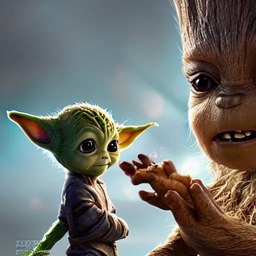 Image similar to babyyoda ( 2 0 2 1 ) and babygroot ( 2 0 1 7 ) are friends. photorealistic, digital art, epic fantasy, dramatic lighting, cinematic, extremely high detail, cinematic lighting, trending, artstation, cgsociety, 3 d ue 5, 4 k, hq