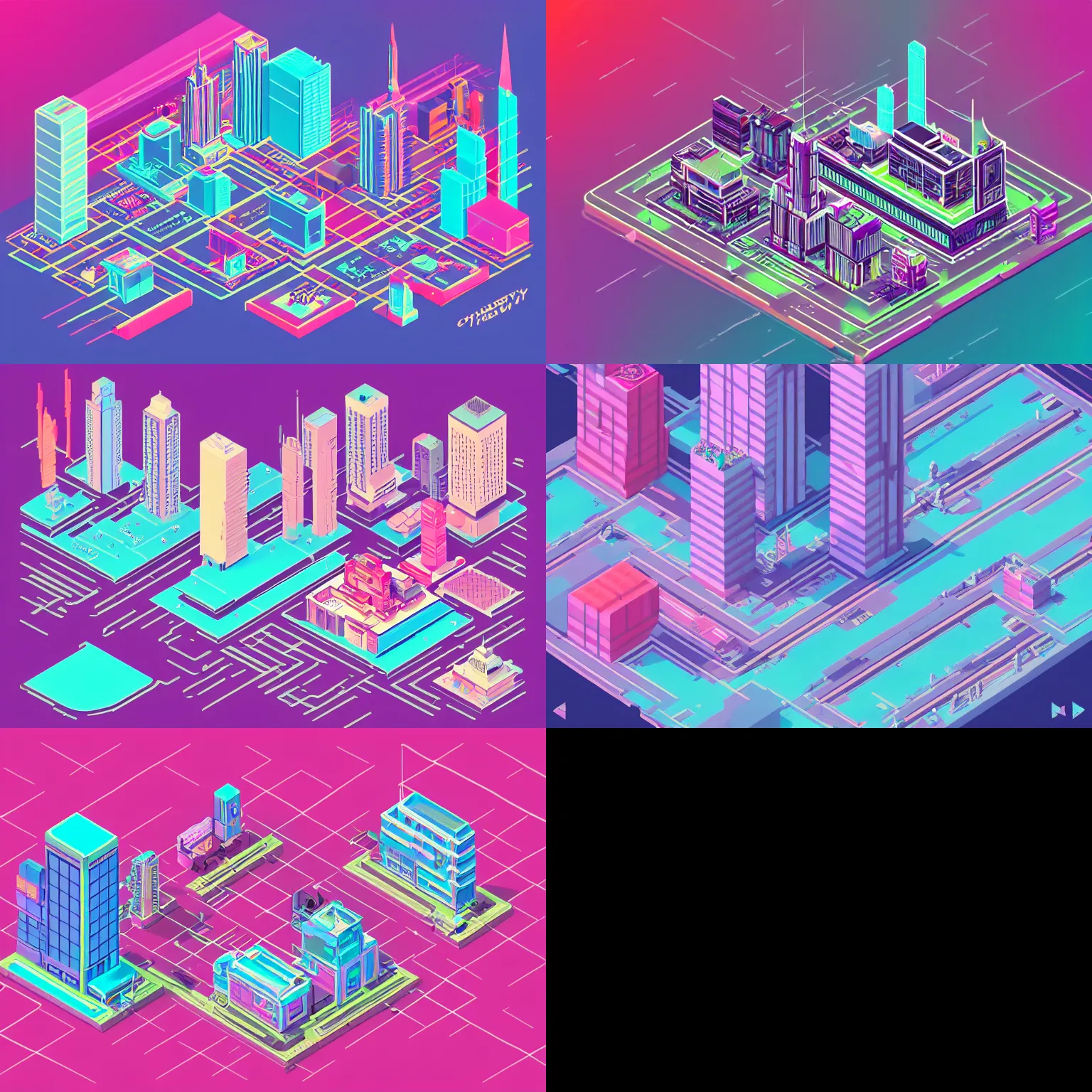 Prompt: isometric synthwave city