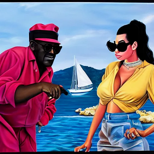 Image similar to beautiful lifelike painting of flava flav and amy winehouse buying a yacht in dubrovnik, hyperreal detailed facial features and uv lighting, art by ed roth and basil wolverton