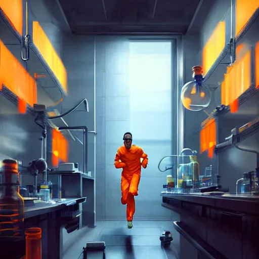 Image similar to a man in an orange jumpsuit running through a laboratory,digital art,art by greg rutkowski,ross tran,artstation,deviantart,photorealistic,hyperdetailed,detailed face,dramatic,cinematic,high quality