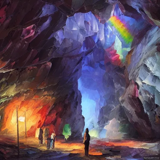 Image similar to A huge cave full of rainbow color crystals and gems on the ground, and stuck to the walls made of huge grey boulders, very dark, midnight, oil painting by Afremov and Greg Rutkowski.