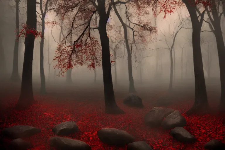 Image similar to deep dark moody forest, red fog on the ground, bleak. big stones, dark mood. mysterious. doom. realistic painting. photobashing, matte painting, highly detailed, autumn, cinematic, hyperralistic, artstation