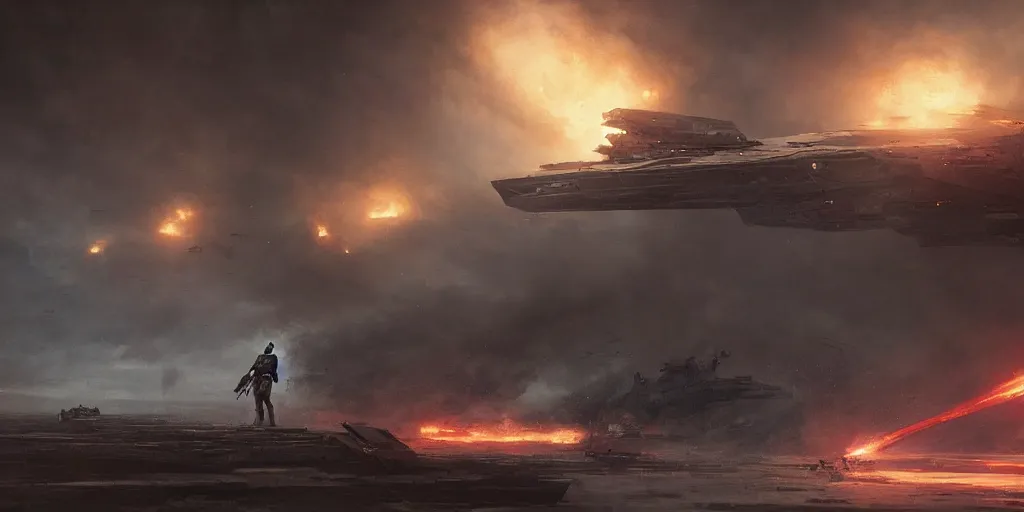 Image similar to a painting of a cinematic keyframe of a storm trooper walking into a destroyed star destroyer starship, with fire and smoke by greg rutkowski, rule of thirds, golden ratio, ambient lighting, wlop, artgerm, artstation, highly detailed masterpiece, dark fantasy art, high detail, trending on artstation