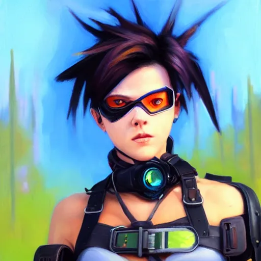 Prompt: oil painting of cyberpunk tracer overwatch in a field wearing very large black leather belt choker collar around neck, in style of mark arian, expressive face, very detailed face, very detailed eyes, full body, feminine face, detailed makeup on eyes, tracer overwatch,