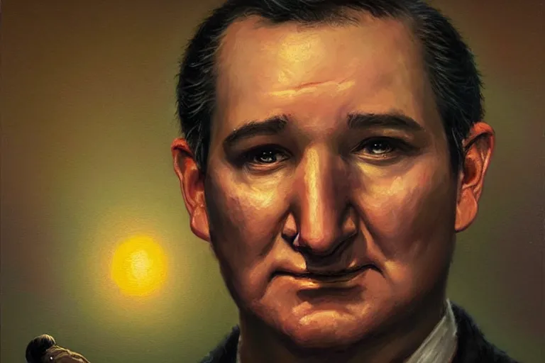 Image similar to portrait of ted cruz as the zodiac killer at night texas, an oil painting by ross tran and thomas kincade