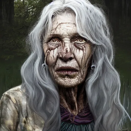 Prompt: fantasy portrait of an energetic old woman with silky, cloudy grey hair, black scars on her face, swamp vegetation in the background, nocturnal palette, art by greg rutowski, raphael lacoste, eddie mendoza, artgerm, trending on artstation
