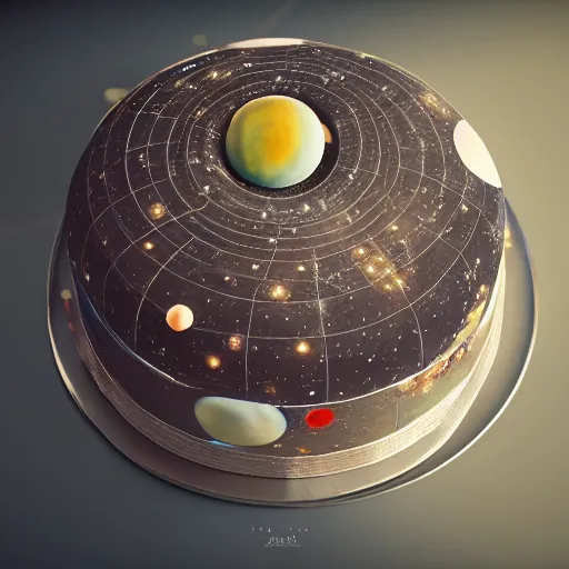 Image similar to Realistic cake with planets and stars on it, behance, artstation, unreal render, unreal engine 5, octane, intricate, 100mm, photorealistic, hyper realism, high detail, smooth, sharp focus, bokeh, 8k, movie shot, cinematic perspective, studio shot