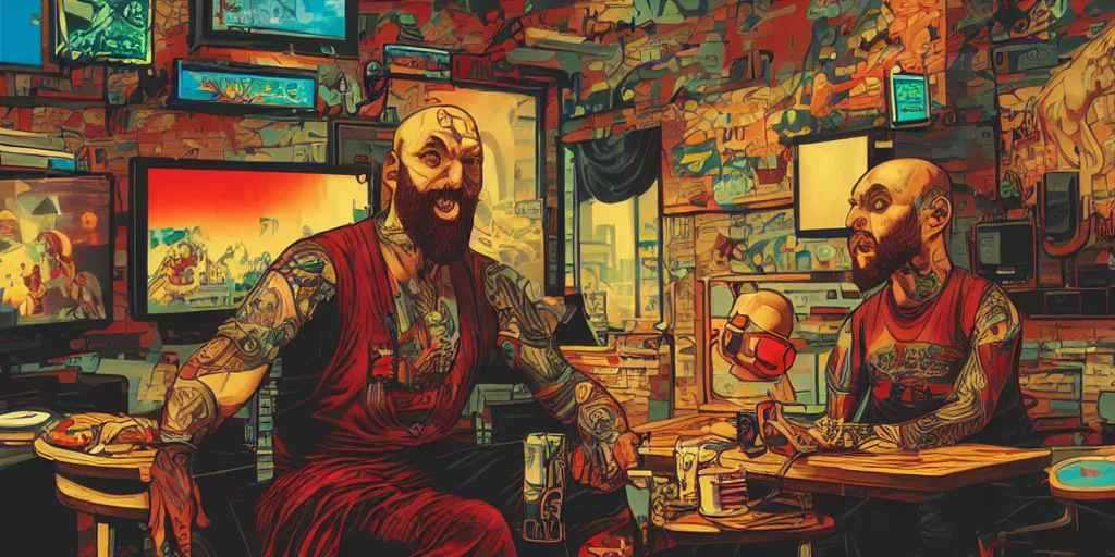 Image similar to a bald man with a big red beard playing video games by dan mumford and sandra chevrier, 4 k