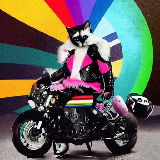 Image similar to wide angle full body, jacket wearing fluffy cute rainbow kitten wearing a black leather motorcycle jacket, riding on a motorcycle, cinematic concept art